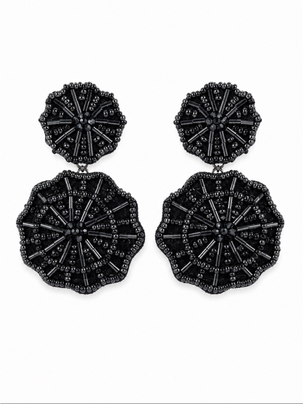 Black Beaded Floral Statement Clip-On Drop Earrings